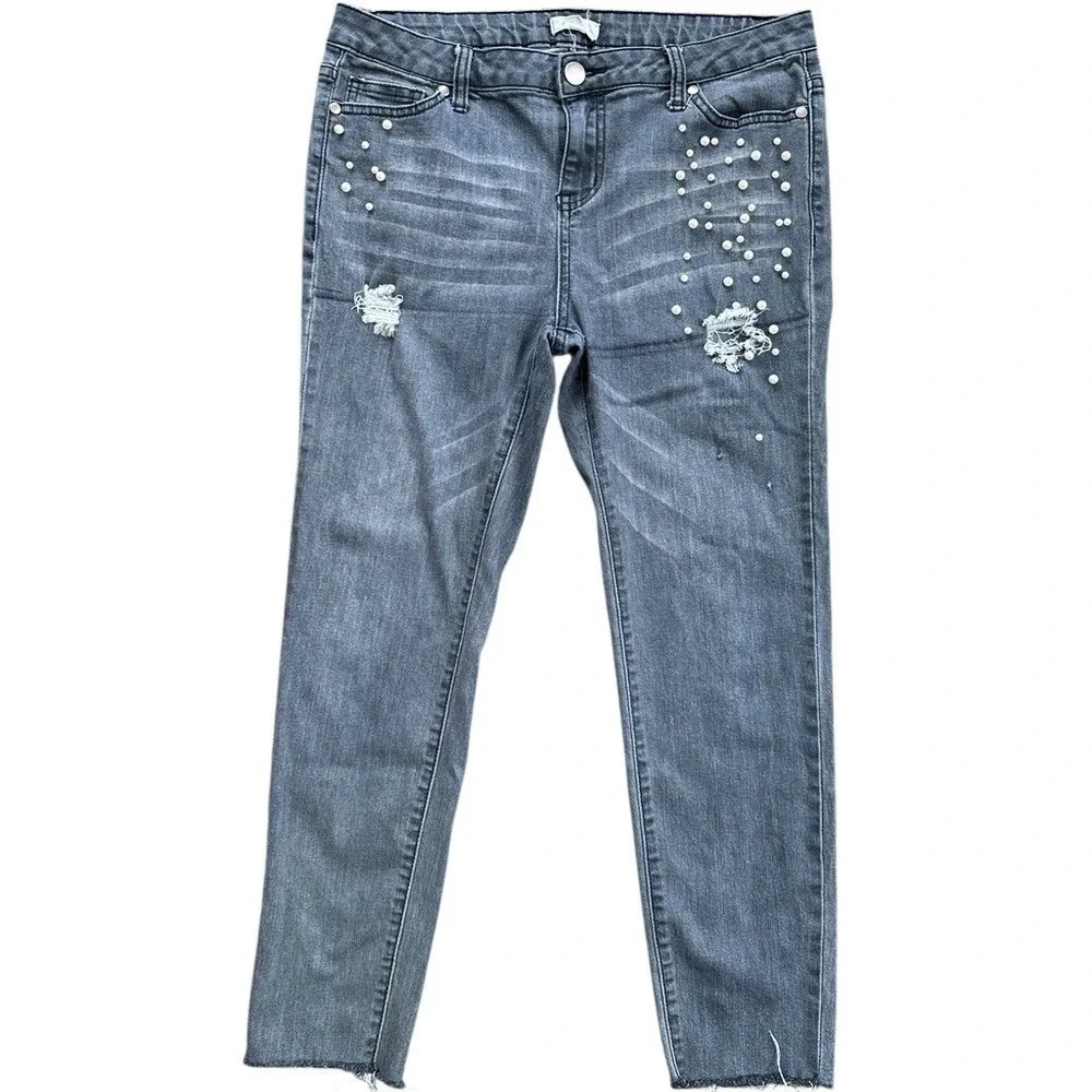 Easel Pearl Embellished Distressed Skinny Jeans Women‎ L Gray Excellent EB4540